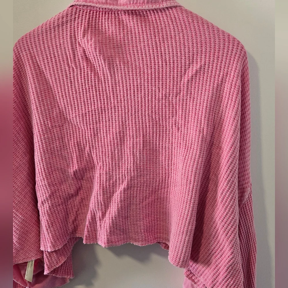 Free People Pink Cropped Waffle Knit Button-Up Shirt - Picture 5 of 5